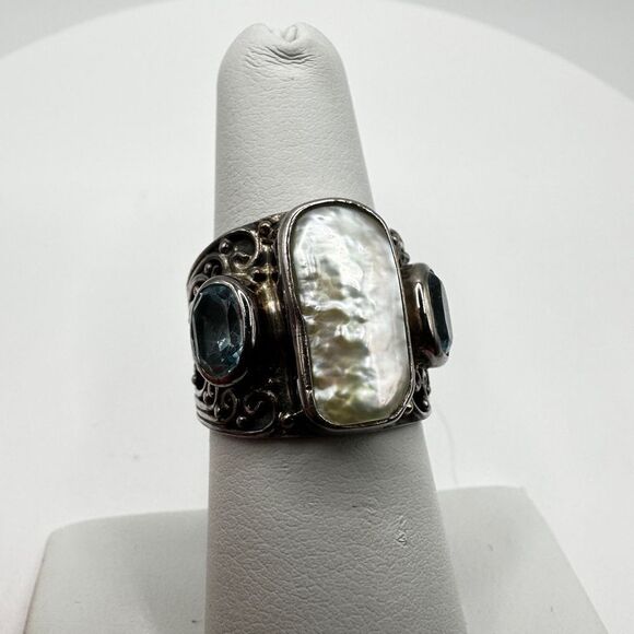 Genuine pearl and blue topaz in sterling silver ring! - Picture 5 of 13